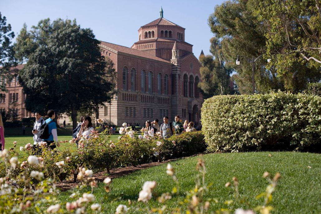 Students walking past Powell Library, with green lawns and blooming flowers in the foreground