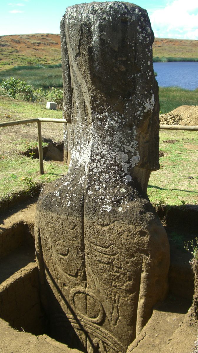 The intricate rock art on the back of Moai 157.