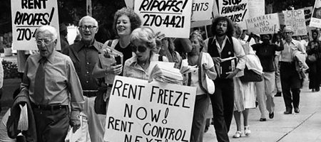 The new report documents decades of the city’s rent control policy, including the introduction of a rent stabilization ordinance in the 1970s. Pictured: A 1978 rent control march on City Hall.