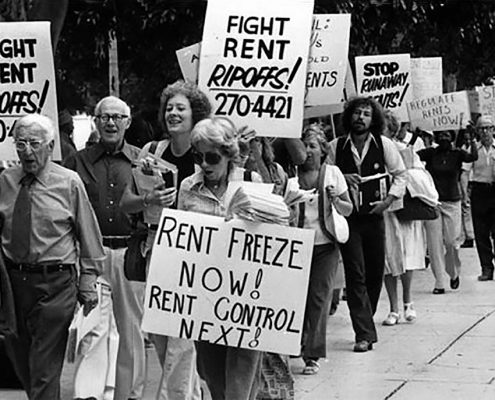 The new report documents decades of the city’s rent control policy, including the introduction of a rent stabilization ordinance in the 1970s. Pictured: A 1978 rent control march on City Hall.