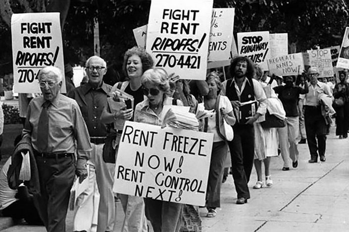 The new report documents decades of the city’s rent control policy, including the introduction of a rent stabilization ordinance in the 1970s. Pictured: A 1978 rent control march on City Hall.