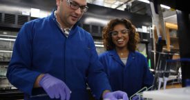 Photo of Justin Caram, assistant professor of chemistry and biochemistry in the UCLA College, and graduate student Dayanni Bhagwandin.