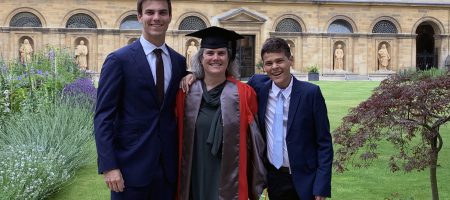 Andrea Ghez, Lauren B. Leichtman & Arthur E. Levine Chair in Astrophysics at UCLA, receiving an honorary doctorate from Oxford University on June 26, 2019. Ghez is with her sons.