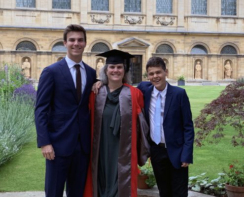 Andrea Ghez, Lauren B. Leichtman & Arthur E. Levine Chair in Astrophysics at UCLA, receiving an honorary doctorate from Oxford University on June 26, 2019. Ghez is with her sons.