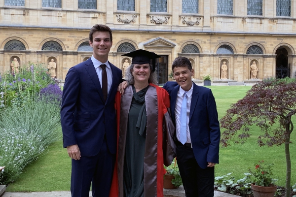 Andrea Ghez, Lauren B. Leichtman & Arthur E. Levine Chair in Astrophysics at UCLA, receiving an honorary doctorate from Oxford University on June 26, 2019. Ghez is with her sons.