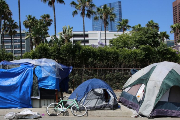 Photograph of homeless tent encampment.