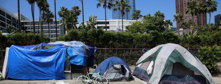 Photograph of homeless tent encampment.