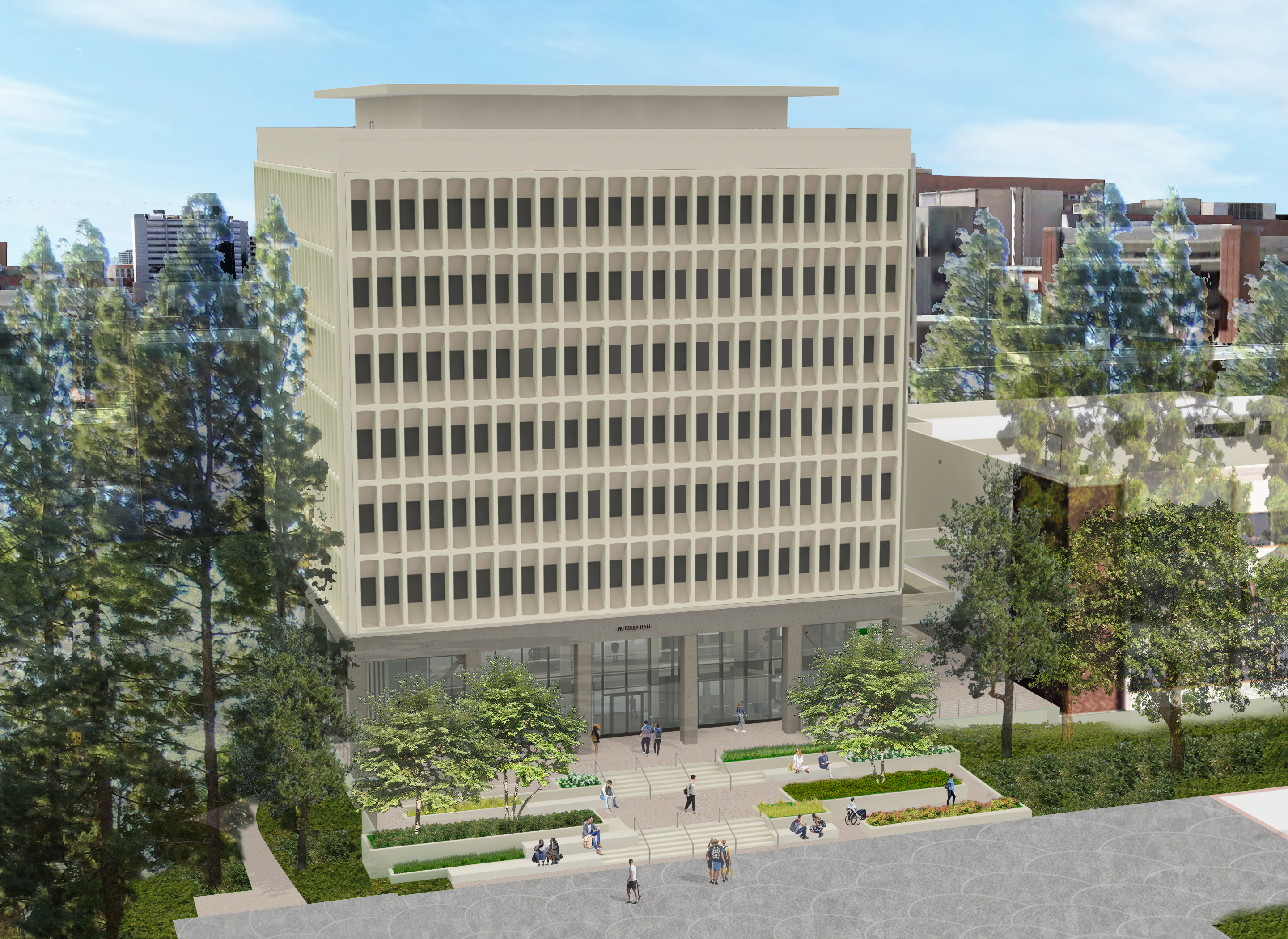 Photo of an architect’s rendering of Pritzker Hall from above.