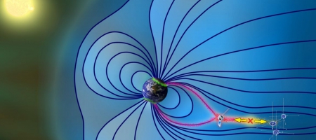 An illustration that shows the Earth’s magnetosphere during a magnetic storm.