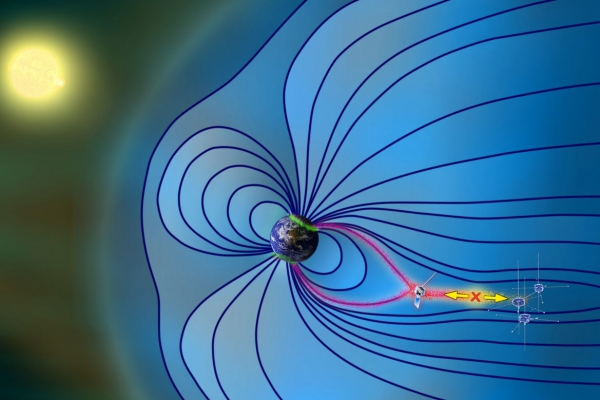 An illustration that shows the Earth’s magnetosphere during a magnetic storm.