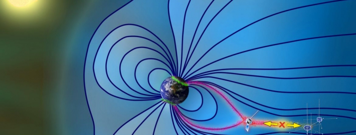 An illustration that shows the Earth’s magnetosphere during a magnetic storm.