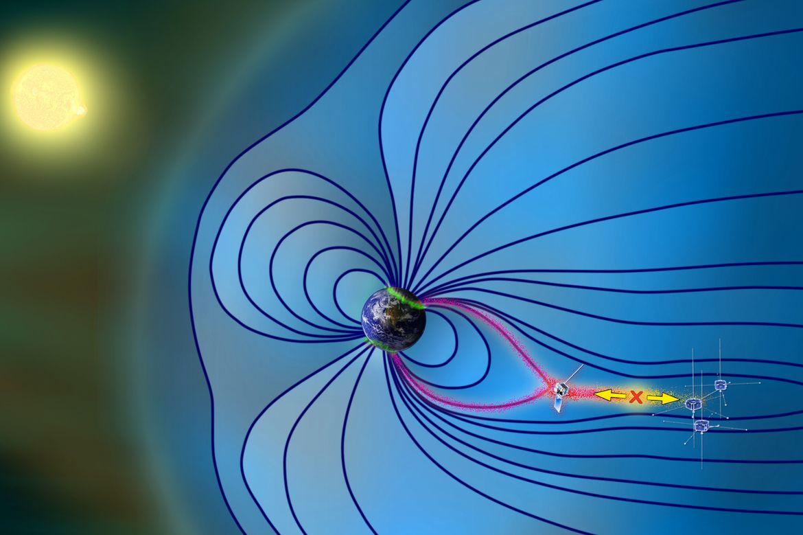 An illustration that shows the Earth’s magnetosphere during a magnetic storm. 