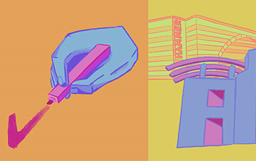 Graphics of a check mark, Hammer Museum and Ackerman Student Union.