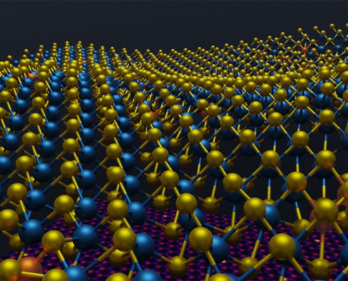 A photo of a 3D atomic structure information of a 2D material that was previously inaccessible due to the limitations of 2D images. A 2D image is shown beneath the 3D atomic coordinates of molybdenum in blue, sulfur in yellow and rhenium dopants in orange.