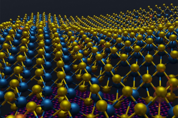 A photo of a 3D atomic structure information of a 2D material that was previously inaccessible due to the limitations of 2D images. A 2D image is shown beneath the 3D atomic coordinates of molybdenum in blue, sulfur in yellow and rhenium dopants in orange.