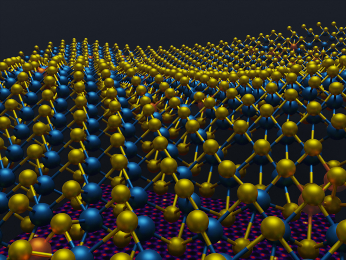 A photo of a 3D atomic structure information of a 2D material that was previously inaccessible due to the limitations of 2D images. A 2D image is shown beneath the 3D atomic coordinates of molybdenum in blue, sulfur in yellow and rhenium dopants in orange.