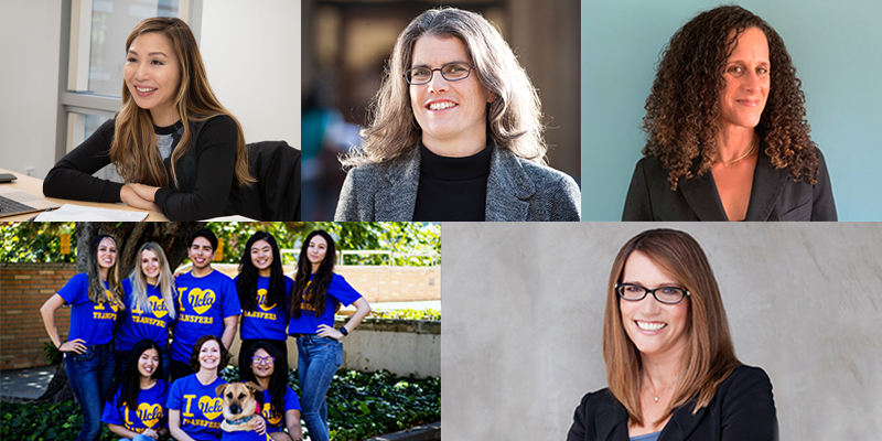 A photo collage: from left, top row: Elaine Hsiao, Andrea Ghez, Sarah Stein. From left, bottom row: Heather Adams and Lynn Vavreck. 