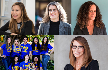 A photo collage: from left, top row: Elaine Hsiao, Andrea Ghez, Sarah Stein. From left, bottom row: Heather Adams and Lynn Vavreck.