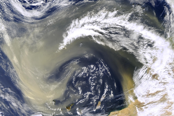 An image of dust over the Sahara Desert.