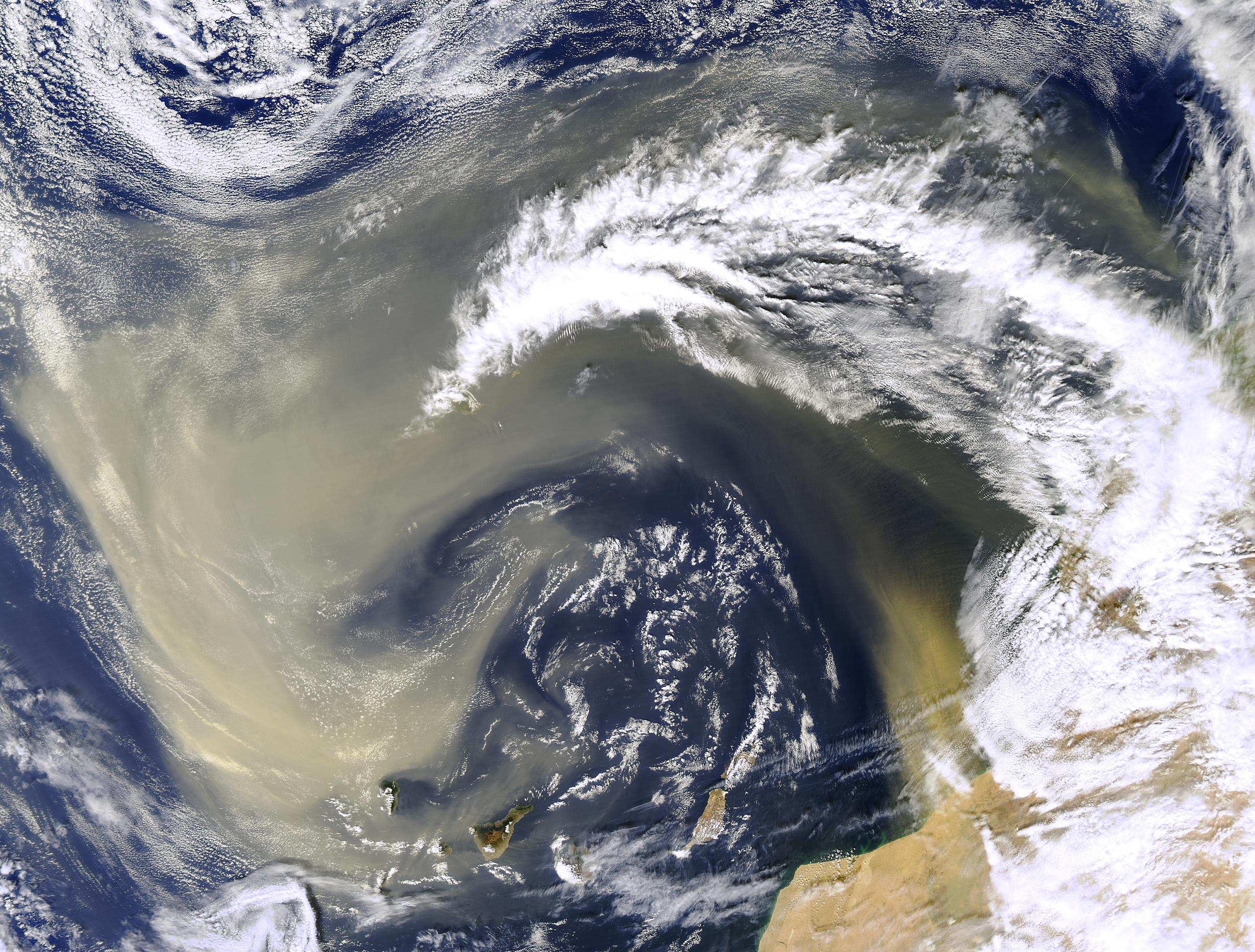 An image of dust over the Sahara Desert.