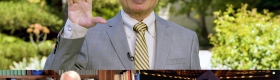 A photo montage of 2020 Virtual Celebration speakers. Top: George Takei, featured speaker during the UCLA College’s 2020 virtual celebration. Lower left: UCLA Chancellor Gene Block. Lower right: student speaker Kristie-Valerie Phung Hoang.