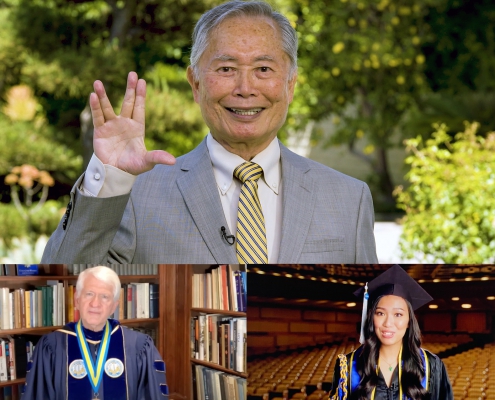 A photo montage of 2020 Virtual Celebration speakers. Top: George Takei, featured speaker during the UCLA College’s 2020 virtual celebration. Lower left: UCLA Chancellor Gene Block. Lower right: student speaker Kristie-Valerie Phung Hoang.