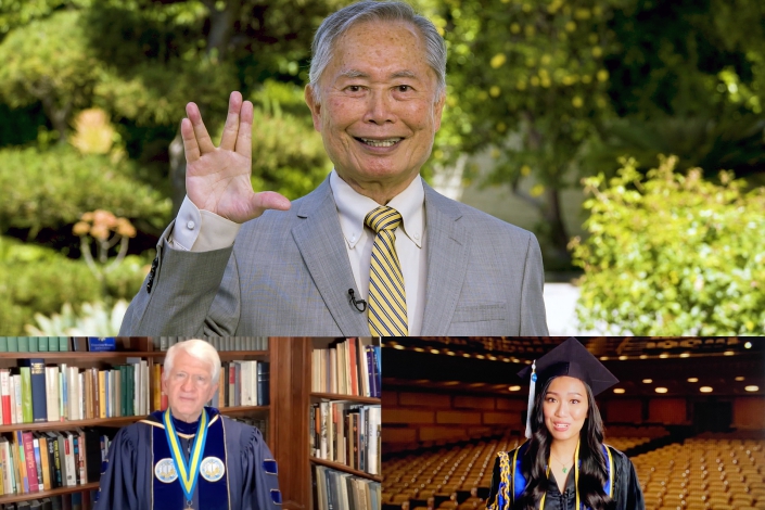 Commencement2020 A photo montage of 2020 Virtual Celebration speakers. Top: George Takei, featured speaker during the UCLA College’s 2020 virtual celebration. Lower left: UCLA Chancellor Gene Block. Lower right: student speaker Kristie-Valerie Phung Hoang.