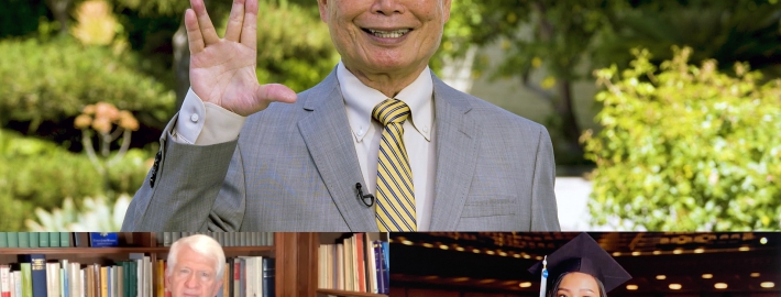 A photo montage of 2020 Virtual Celebration speakers. Top: George Takei, featured speaker during the UCLA College’s 2020 virtual celebration. Lower left: UCLA Chancellor Gene Block. Lower right: student speaker Kristie-Valerie Phung Hoang.