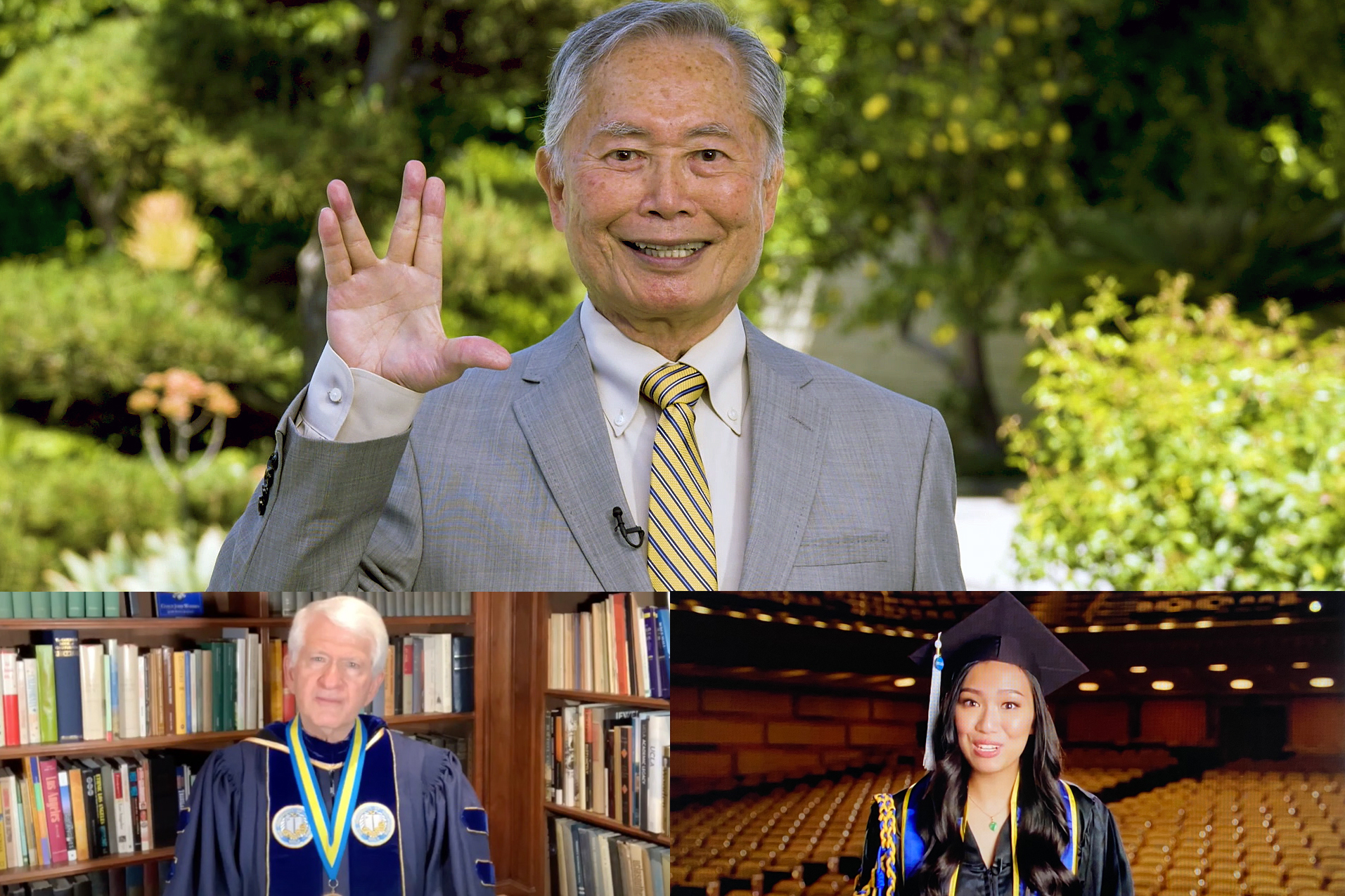 A photo montage of 2020 Virtual Celebration speakers. Top: George Takei, featured speaker during the UCLA College’s 2020 virtual celebration. Lower left: UCLA Chancellor Gene Block. Lower right: student speaker Kristie-Valerie Phung Hoang.