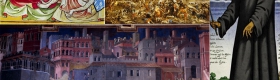 Image on the bottom left: A painting by Ambrogio Lorenzetti is an example of art in Europe before the bubonic plague. Other images show how art changed after the plague.