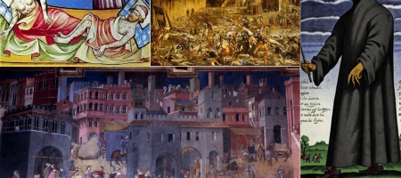 Image on the bottom left: A painting by Ambrogio Lorenzetti is an example of art in Europe before the bubonic plague. Other images show how art changed after the plague.