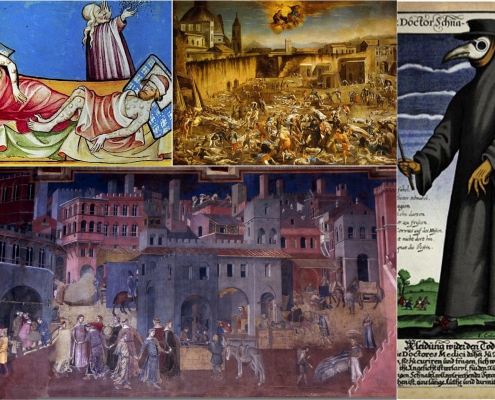 Image on the bottom left: A painting by Ambrogio Lorenzetti is an example of art in Europe before the bubonic plague. Other images show how art changed after the plague.