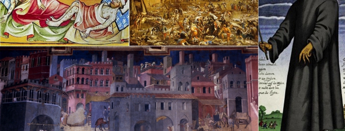 Image on the bottom left: A painting by Ambrogio Lorenzetti is an example of art in Europe before the bubonic plague. Other images show how art changed after the plague.