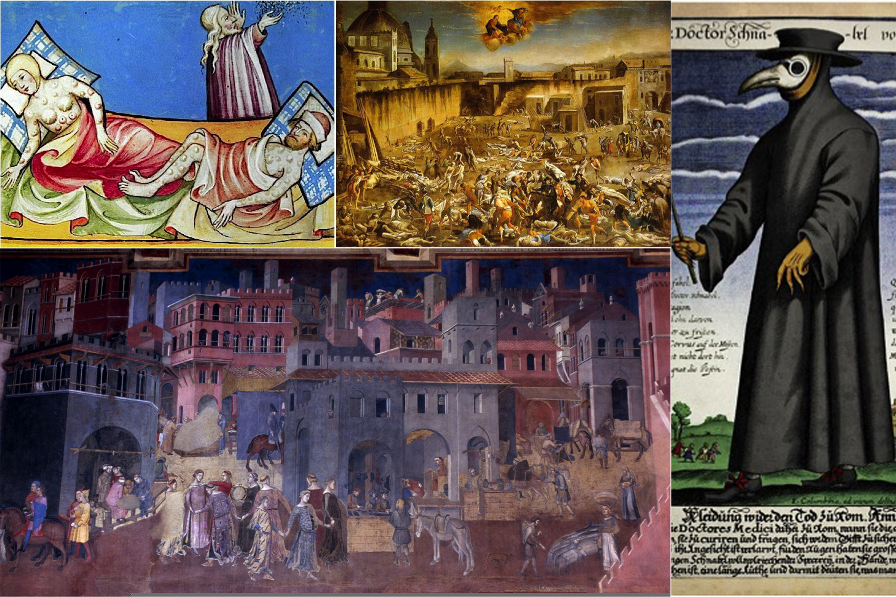 Image on the bottom left: A painting by Ambrogio Lorenzetti is an example of art in Europe before the bubonic plague. Other images show how art changed after the plague.