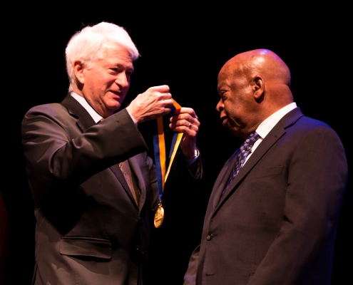 A photo of Chancellor Gene Block bestowing the UCLA Medal on U.S. Rep. and civil rights icon John Lewis.