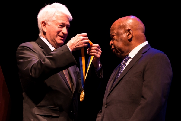 A photo of Chancellor Gene Block bestowing the UCLA Medal on U.S. Rep. and civil rights icon John Lewis.