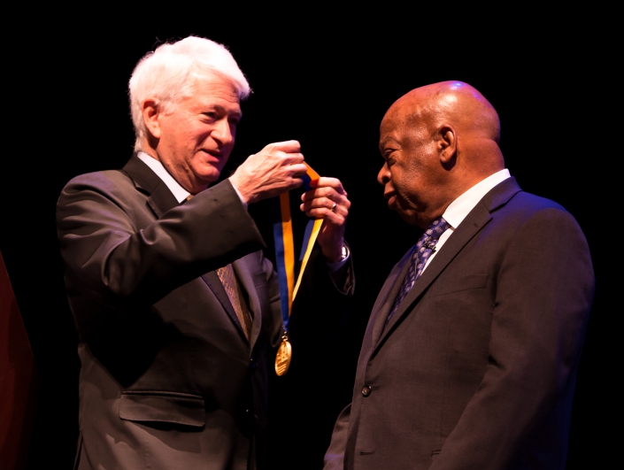 Chancellor Block John Lewis A photo of Chancellor Gene Block bestowing the UCLA Medal on U.S. Rep. and civil rights icon John Lewis.