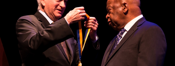 A photo of Chancellor Gene Block bestowing the UCLA Medal on U.S. Rep. and civil rights icon John Lewis.