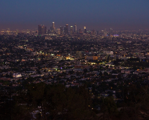 A photo of a panorama of Los Angeles at dusk.