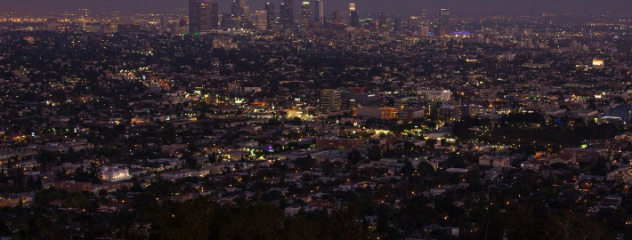 A photo of a panorama of Los Angeles at dusk.