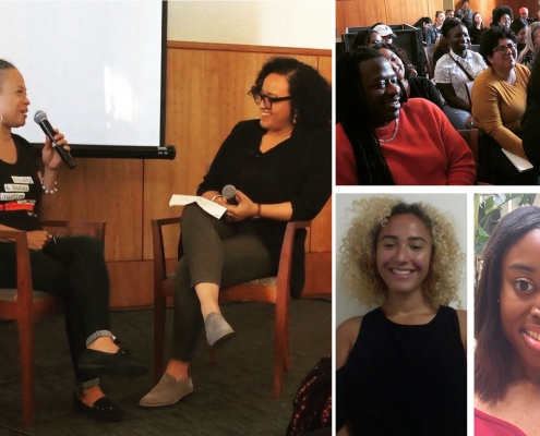 Left image: The inaugural public event hosted by the Black Feminism Initiative, held in February, featured a conversation between local reproductive justice advocate Kimberly Durdin, left, and UCLA graduate student Ariel Hart. Top right image: Audience at the event. Bottom right from left: Kali Tambree and Jaimie Crumley, student co-coordinators of the Black Feminism Initiative.