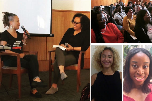 Left image: The inaugural public event hosted by the Black Feminism Initiative, held in February, featured a conversation between local reproductive justice advocate Kimberly Durdin, left, and UCLA graduate student Ariel Hart. Top right image: Audience at the event. Bottom right from left: Kali Tambree and Jaimie Crumley, student co-coordinators of the Black Feminism Initiative.