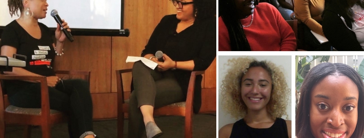 Left image: The inaugural public event hosted by the Black Feminism Initiative, held in February, featured a conversation between local reproductive justice advocate Kimberly Durdin, left, and UCLA graduate student Ariel Hart. Top right image: Audience at the event. Bottom right from left: Kali Tambree and Jaimie Crumley, student co-coordinators of the Black Feminism Initiative.