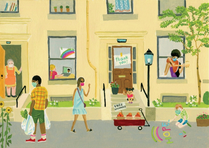 UC78_LifeSigns_01 An illustration of a friendly neighborhood.