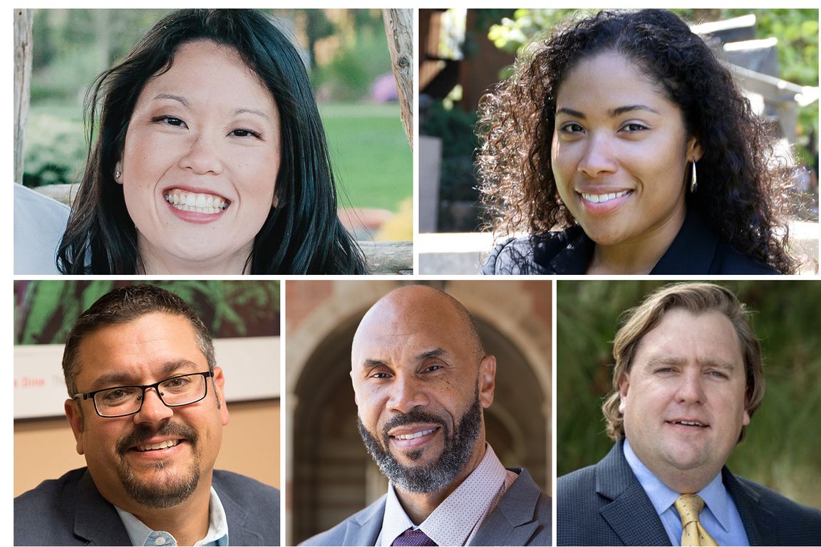 A montage of photos: Clockwise from top left: Natalie Masuoka, Lorrie Frasure, Chad Dunn, Darnell Hunt and Matt Barreto.