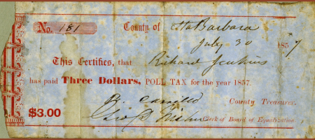 A photo of a California poll tax receipt from 1857