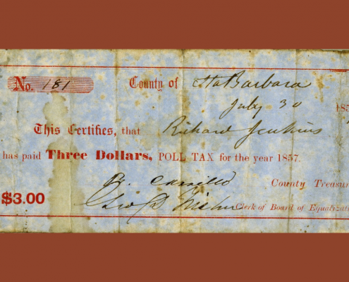 A photo of a California poll tax receipt from 1857