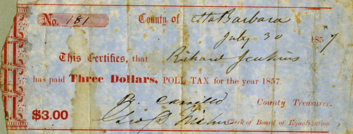 A photo of a California poll tax receipt from 1857