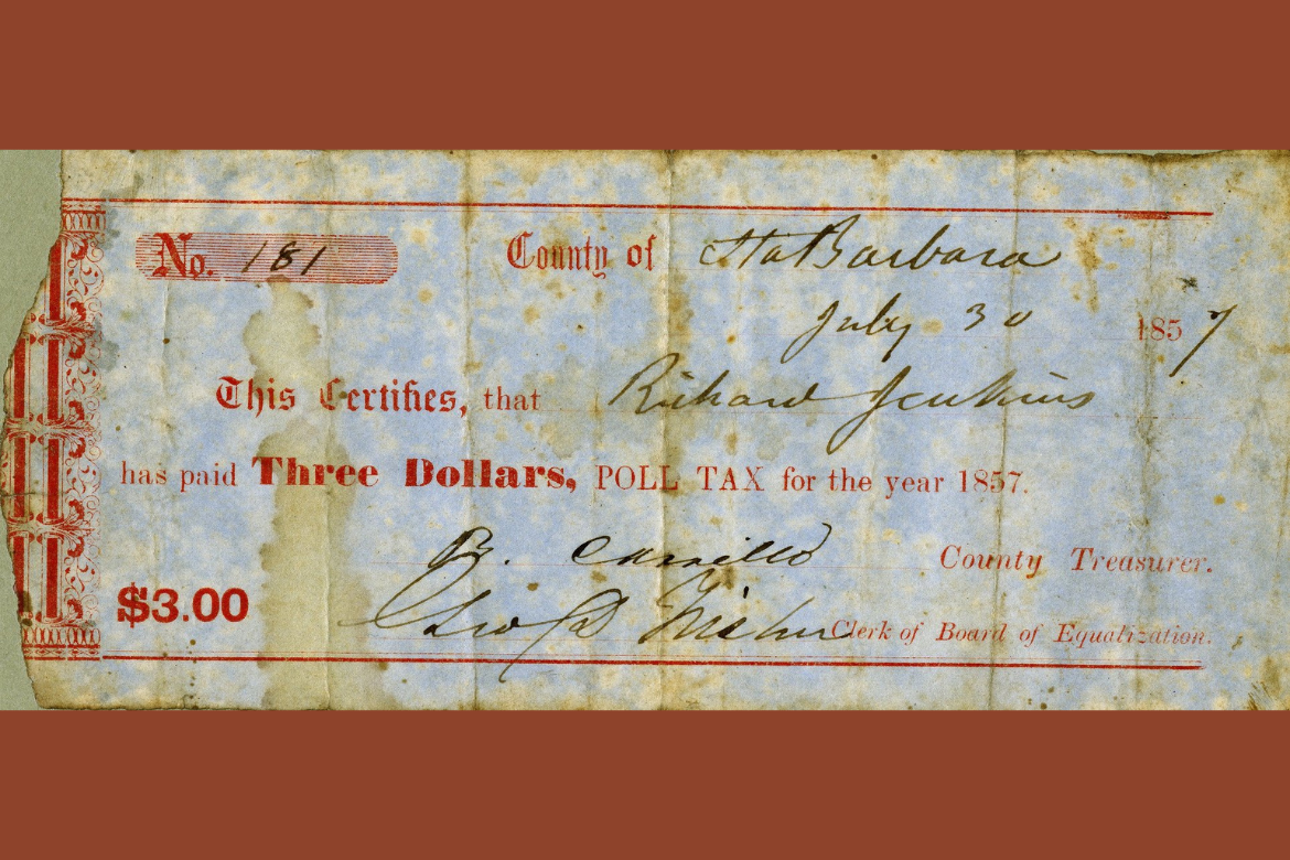 A photo of a California poll tax receipt from 1857