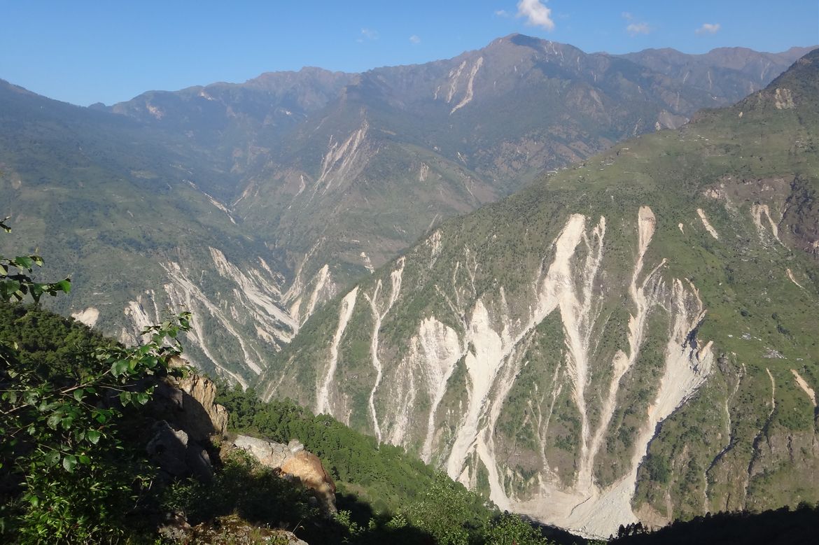 A photo of Himalaya Mountains in Nepal after landslides caused by the 2015 Gorkha earthquake. 